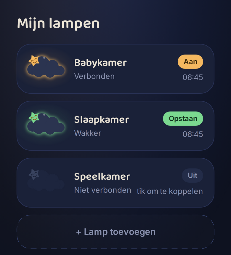 Het scherm Mijn lampen van de Rooster-app