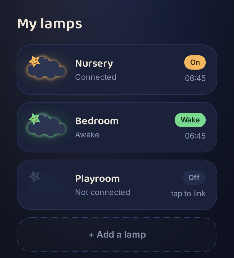 The My lamps screen of the Rooster app